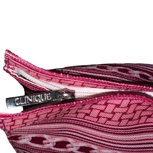 Clinique Pink White Makeup Bag Cosmetic Zipper Stripes Links Travel - Picture 4 of 5
